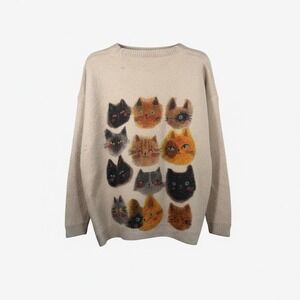 Unbranded Cat Face Graphic Knit Sweater Beige Oversized Crewneck XXXL